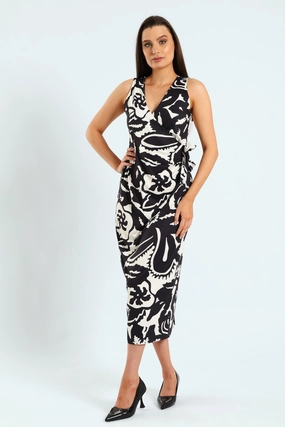 Upcycled fashion Wrap Tie-Up Monochrome Midi Dress - Black/Cream Polyester - used fashion