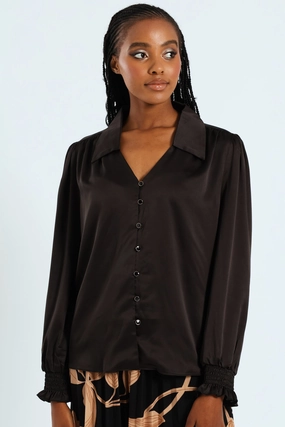 V - Neck Shirred Cuff Satin Shirt - Black Clothing assortments Fashion museums