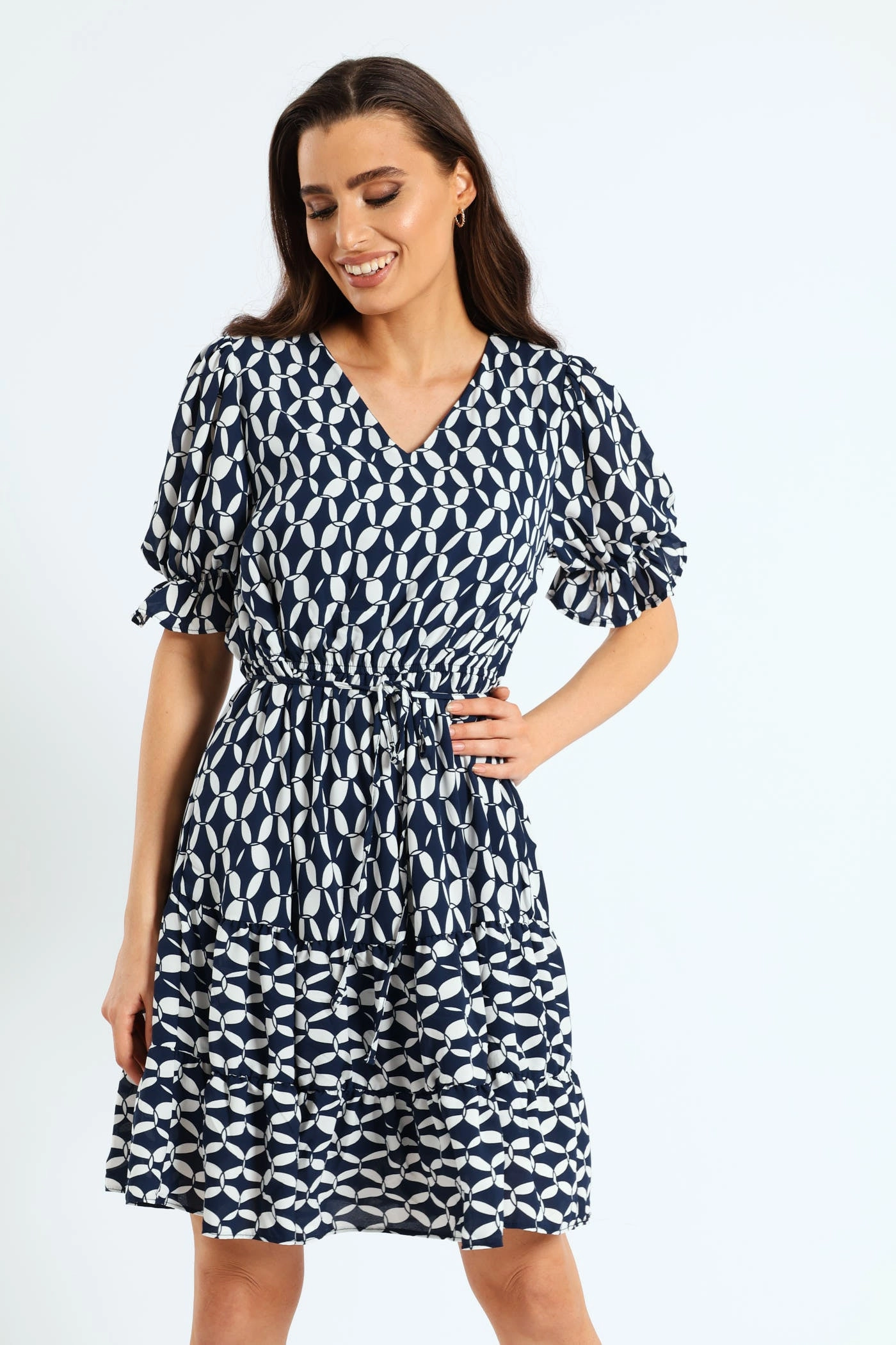 V-Neck Frill Hem Waisted Tea Dress - Navy/White Linen - crafted fashion Evening wear