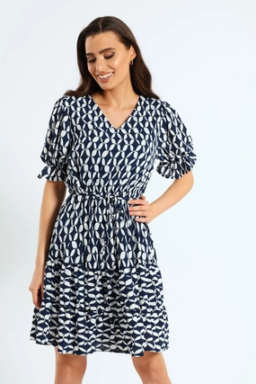 V-Neck Frill Hem Waisted Tea Dress - Navy/White Fashionable goods Fashion care (washing, ironing, etc.)