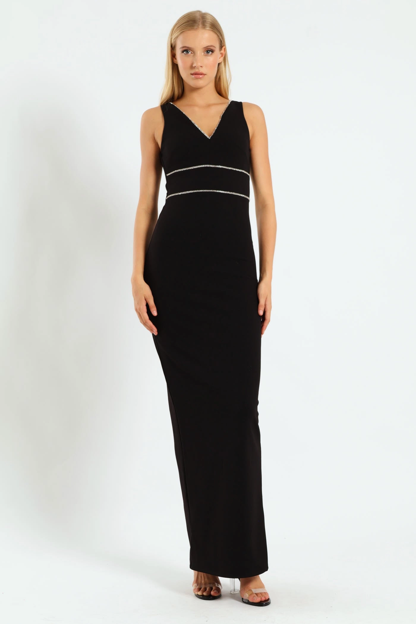 Vintage - inspired fashion V-Neck Maxi Dress With Trim - Black Fashion shows