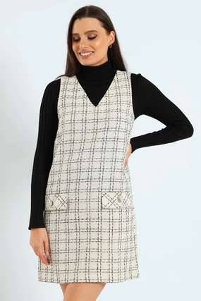 V-Neck Tweed Shift Dress - Cream/Black Fashion archives Activewear gear
