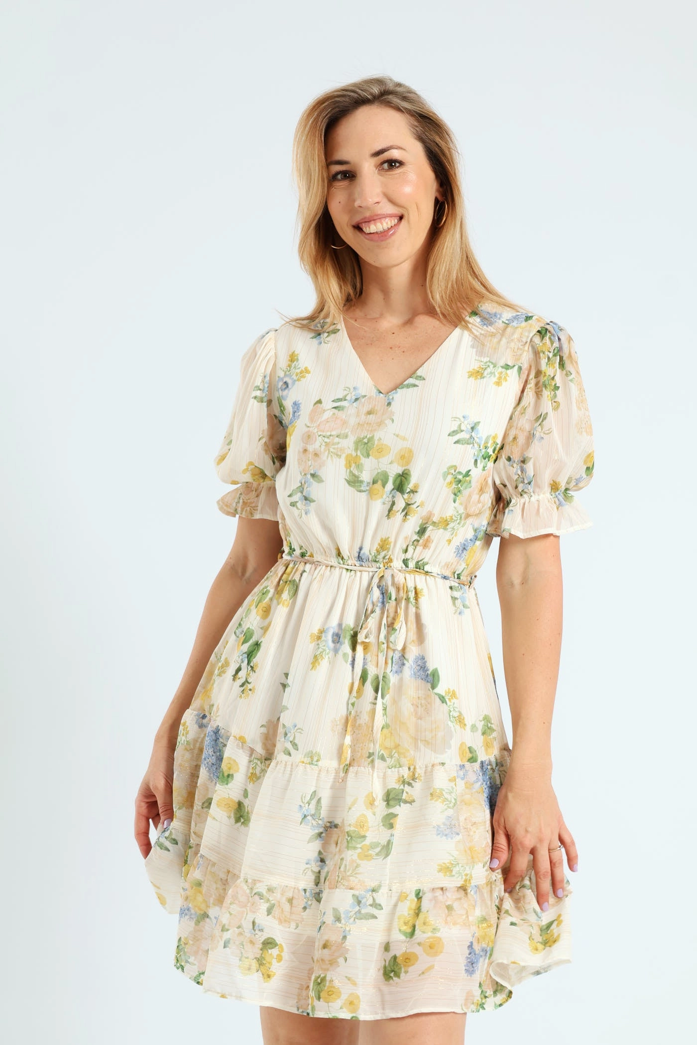 Fashion bloggers' picks V-Neck Waisted Floral Frill Hem Tea Dress - Cream Fashion exhibitions