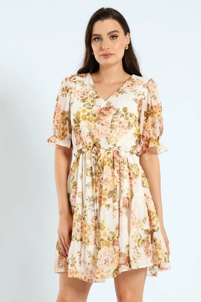 V-Neck Waisted Frill Hem Tea Dress - Blush Fashion models Trendy gear