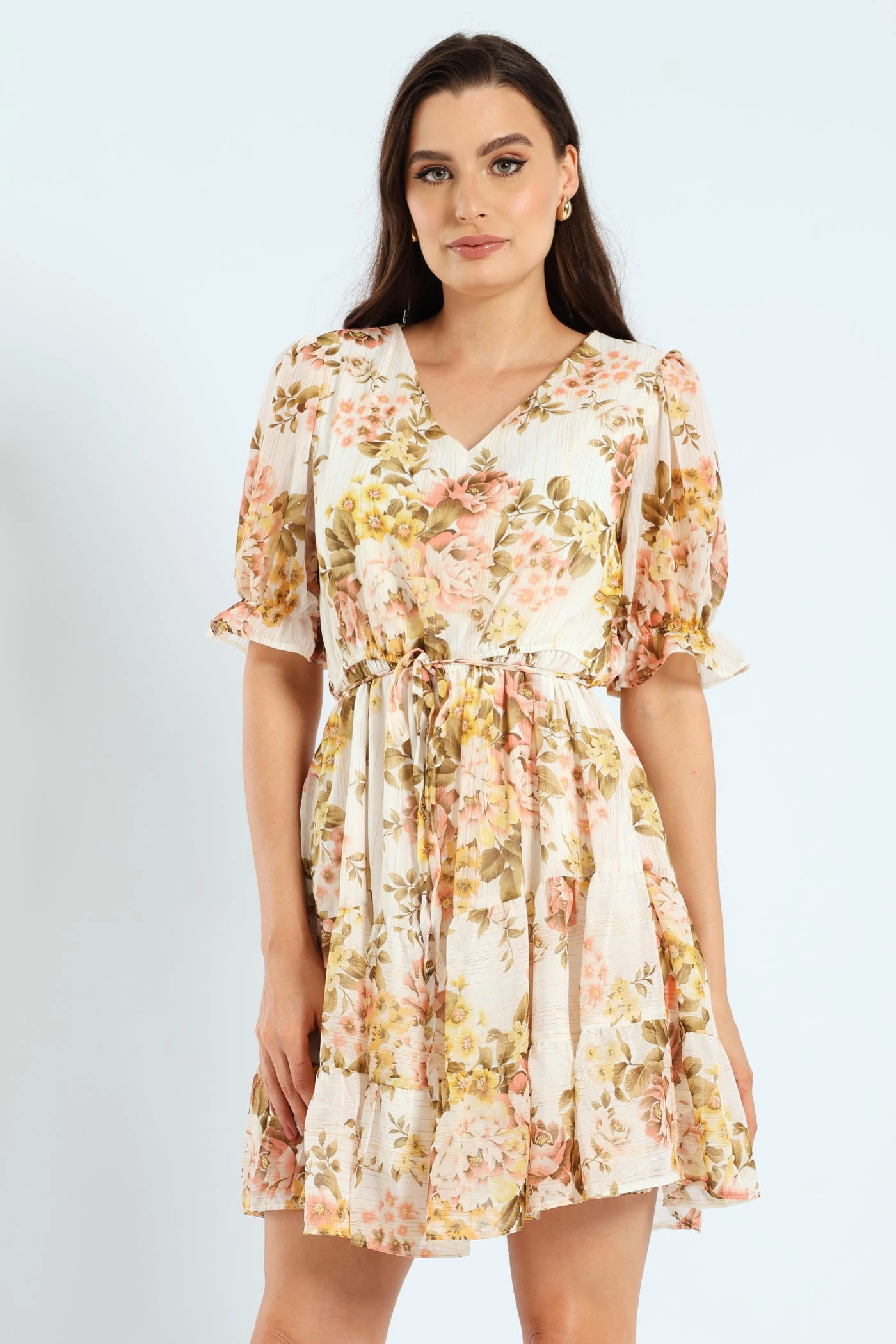 V-Neck Waisted Frill Hem Tea Dress - Blush Fashion models Trendy gear