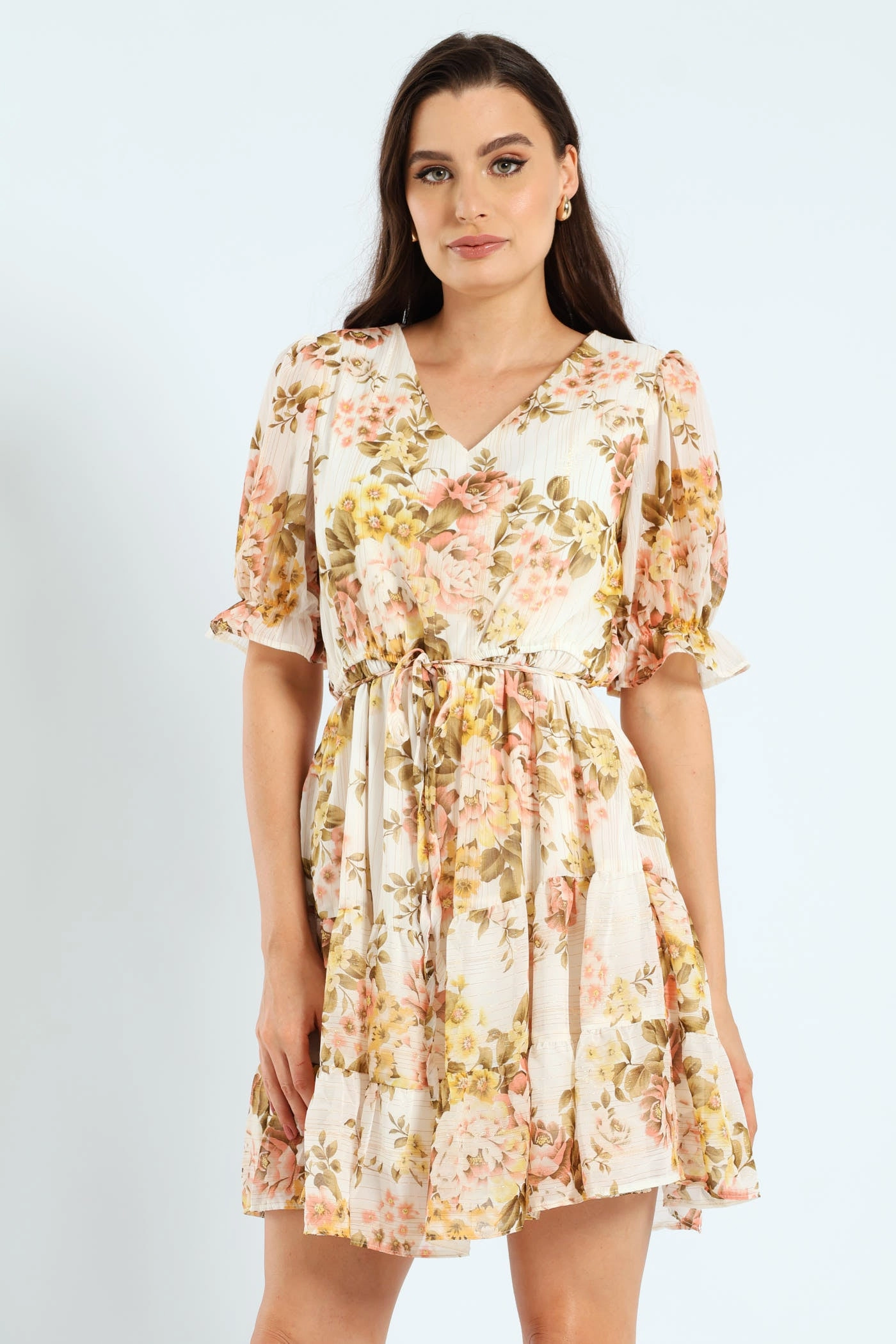 Casual wear options V-Neck Waisted Frill Hem Tea Dress - Blush Fashion catalog