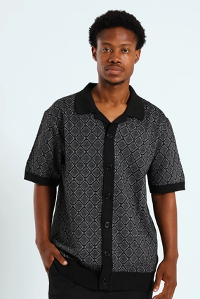 Vintage - inspired fashion Short Sleeve Button Through Knit Shirt - Black/White Fashion on sale