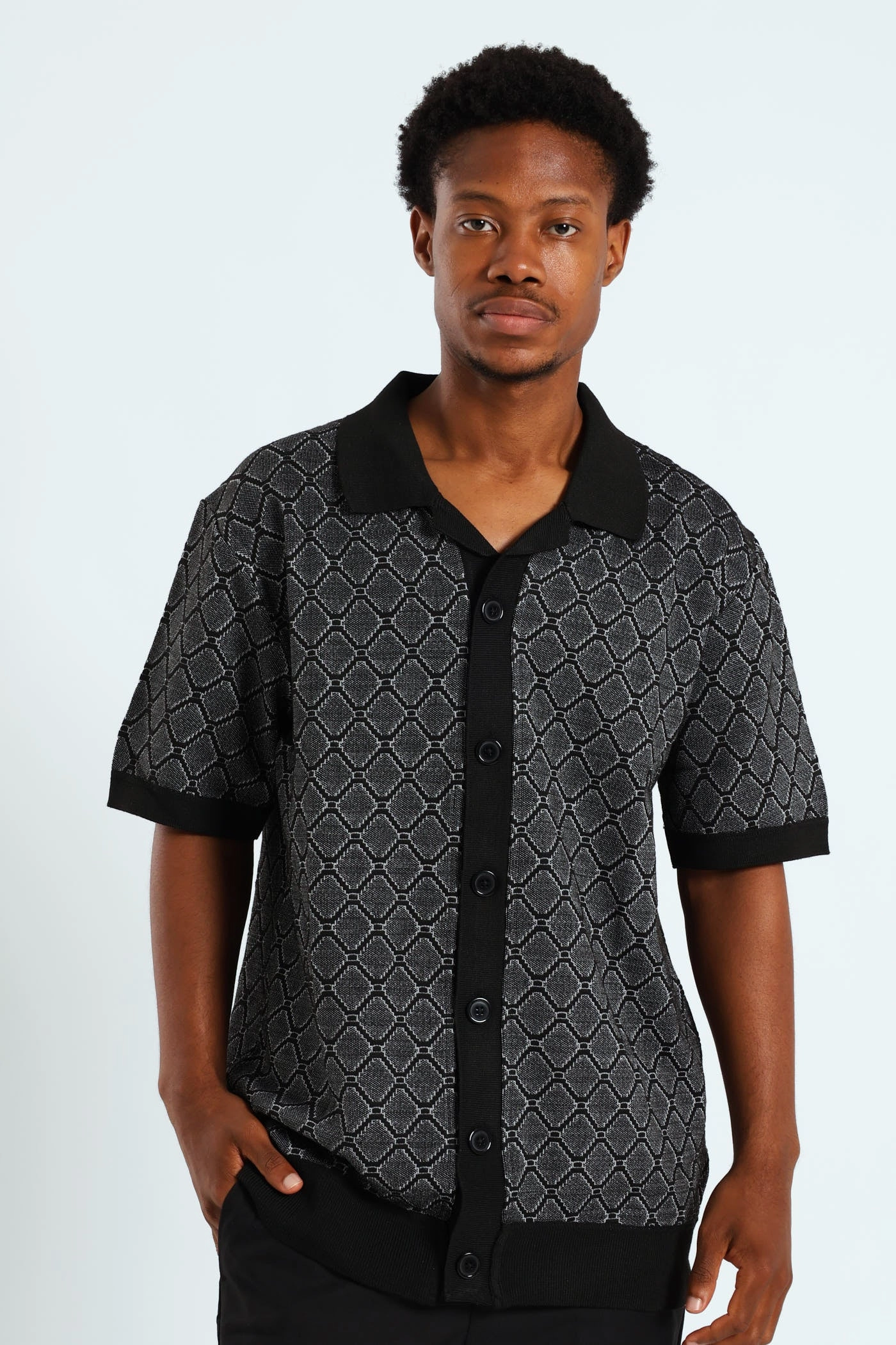 Short Sleeve Button Through Knit Shirt - Black/White Fashion museums Clothing and accessories