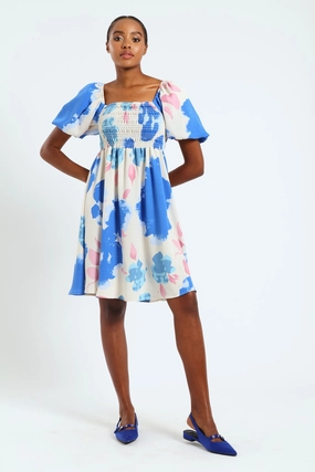Volume Sleeve Shirred Bodice Babydoll Mini Dress - White/Blue Fashion events Silk - fabric fashion