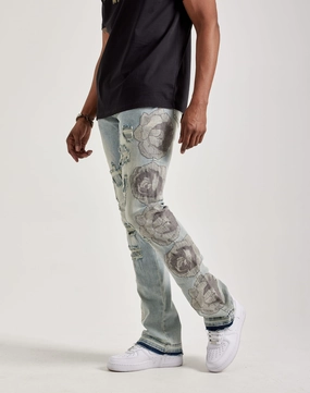 WAIMEA Stacked Floral Embroidery Jeans Best - selling fashion Leather - material fashion