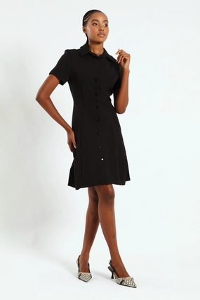 Wardrobe staples Button Through Pleated Work Dress - Black Casual wear options