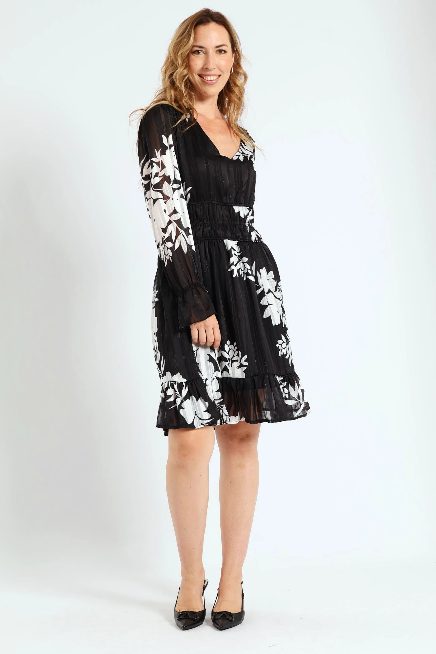V-Neck Elasticated Waist Tea Dress - Black/White Sustainable fashion practices Upcycled fashion