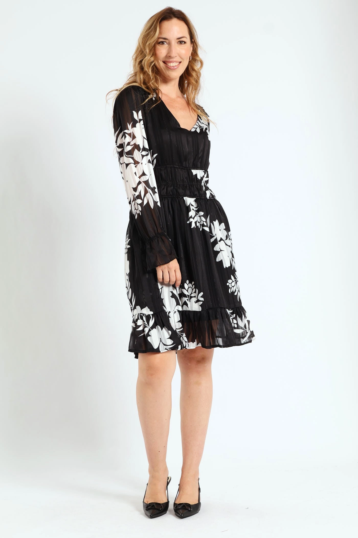 Nylon - included fashion V-Neck Elasticated Waist Tea Dress - Black/White Athleisure fashion