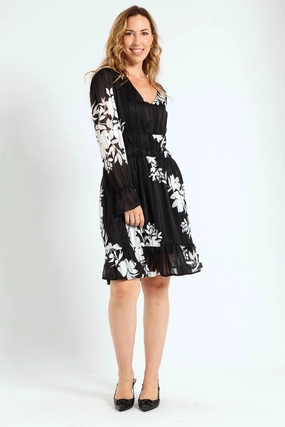 Wardrobe staples V-Neck Elasticated Waist Tea Dress - Black/White Spandex - incorporated fashion
