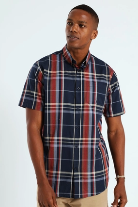 Windowpane Check Shirt - Navy/Steel Blue/Dark Red Linen - crafted fashion Wool - sourced fashion