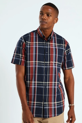 Windowpane Check Shirt - Navy/Steel Blue/Dark Red Linen - crafted fashion Wool - sourced fashion