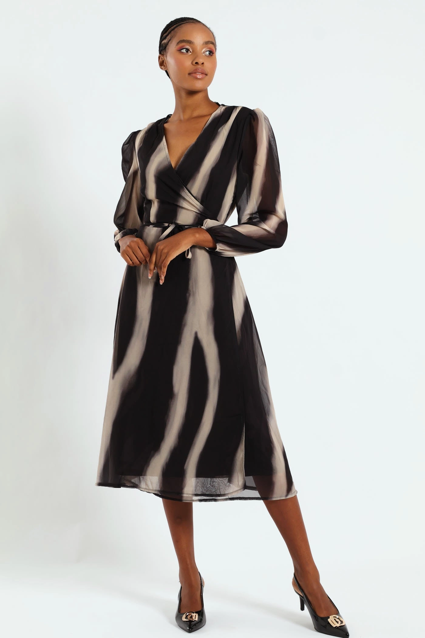 Comfortable apparel Wrap Midi Dress - Black/Cream Fashion shows