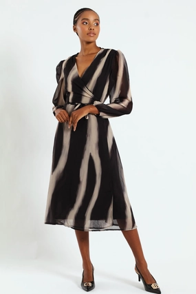 Wrap Midi Dress - Black/Cream Recycled fashion materials Upcycled fashion