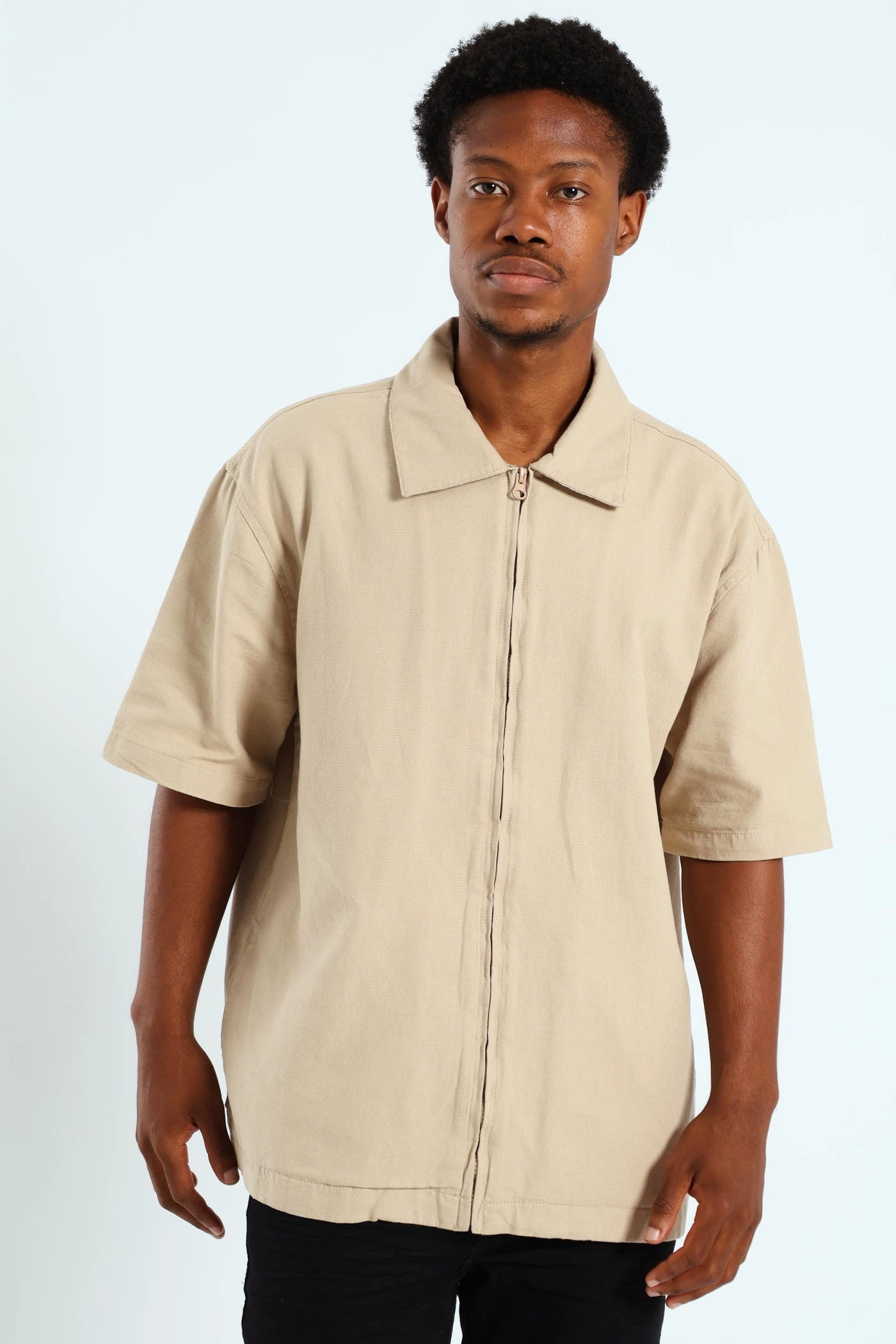 Zip Through Front & Back Shirt - Stone Vintage - inspired fashion Nylon - included fashion